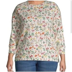 Lands' End Women's Plus Crew Neck Top Cream Floral 3/4 SleeveSize XL